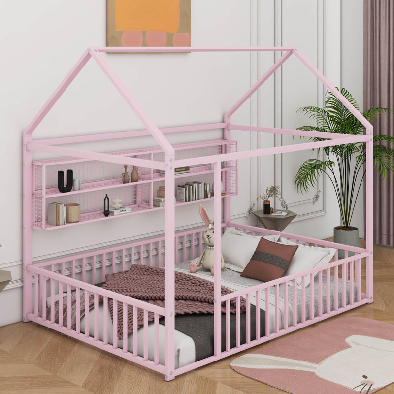 Structure de lit en métal avec clôture et tablettes, Double, Rose
