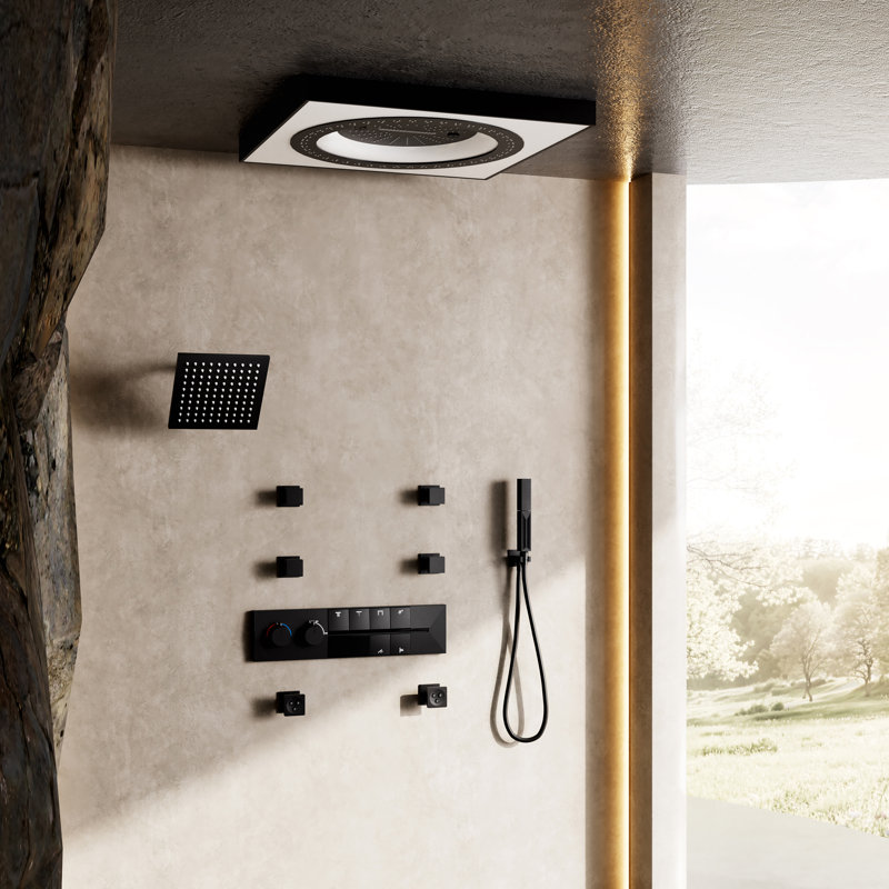Système de douche de pluie à 6 fonctions DEL avec contrôle thermostatique numérique, jets de corps et portatif