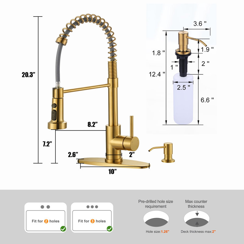 Stainless Steel Kitchen Faucet With Pull-Down Spray Nozzle, 3-Function Single Handle Kitchen Faucet, With Soap Dispenser.