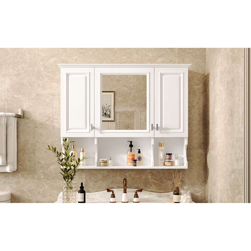 35'' X 28'' Wall Mounted Mirror Cabinet, 3 Doors, Adjustable Shelves, Clear Mirror, For Bathroom And Living Room Medicine Cabinet 28'', Hidden Storage, Waterproof ,