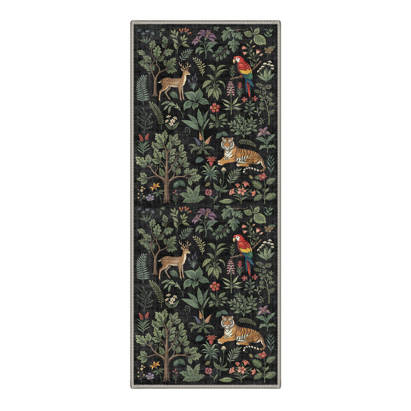 Woodhaven Rustic Machine Washable Black / Green Indoor Area Rug with Non-Slip Backing, Runner 2' x 7'