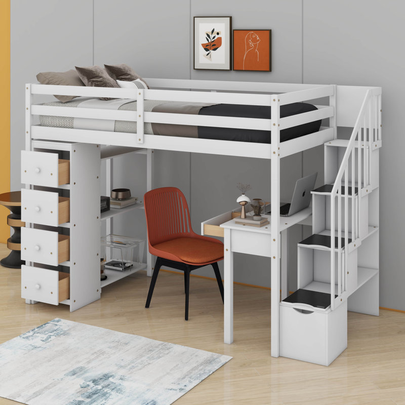 Twin Loft Bed With Drawers,Desk And Stairs, White