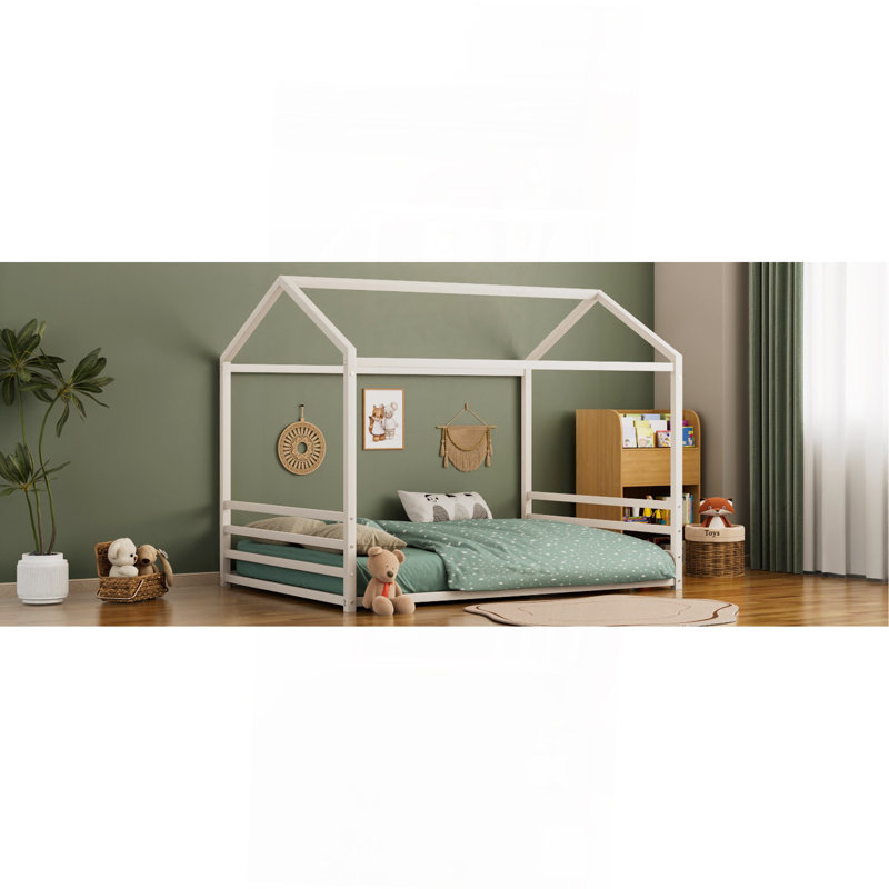 Structure de lit double en métal Montessori, lit en forme de maison avec garde-corps pour enfants et tout-petits, assemblage facile, sans lattes, blanc