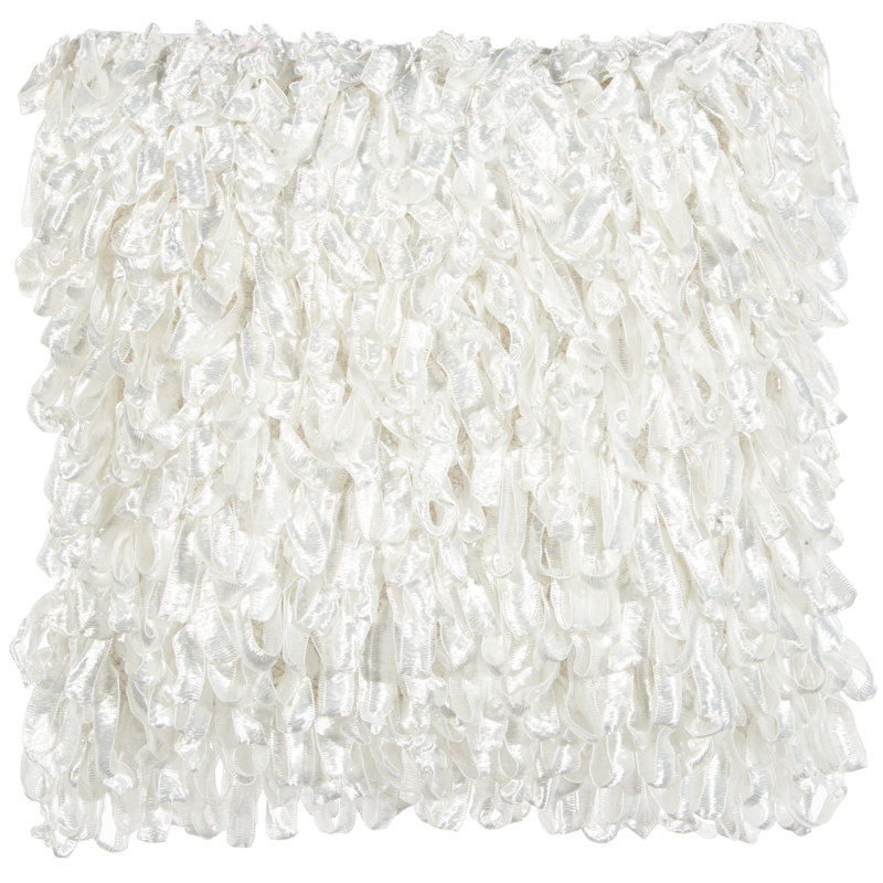 20" Throw Pillow With Shaggy Ribbon Ruffles, White