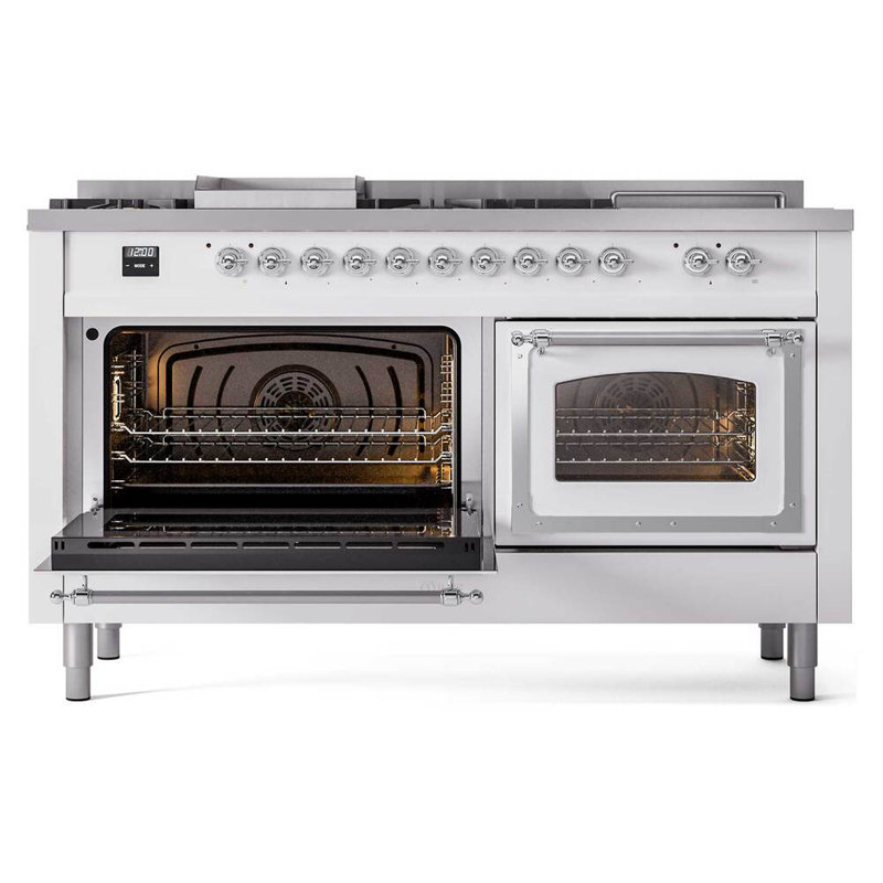 ILVE Nostalgie II Noblesse 60 in Dual Fuel Range 7 Burner, Griddle, Frenchtop, White/Chrome, Natural Gas