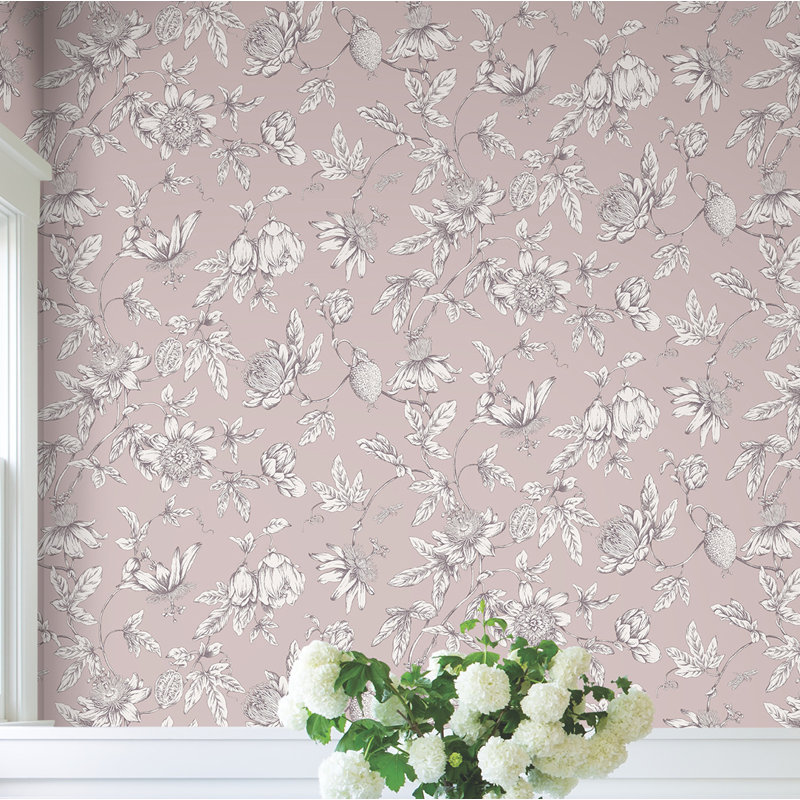 Passion Flower Toile Floral Wallpaper Roll, Orchid
