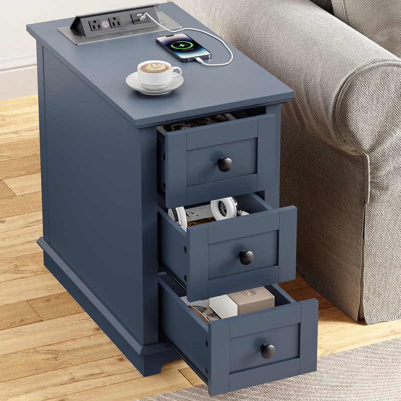 Tables de bout à 3 tiroirs avec rangement et station de charge rapide, Plateau bleu / base bleue, 2