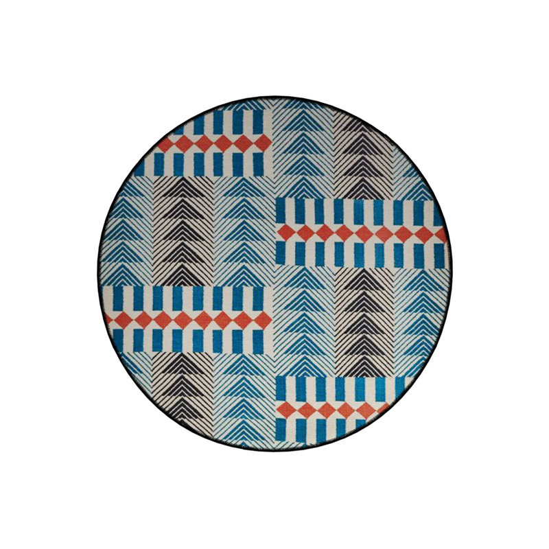 Blue Red Shapes Woven Base Modern Decorative Carpet, Round 5'