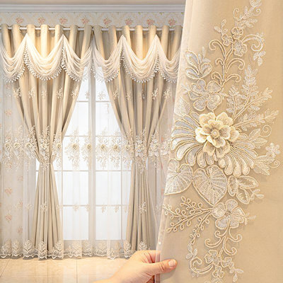European Floral Embroidered Curtain Set with Sheer Swag Valance