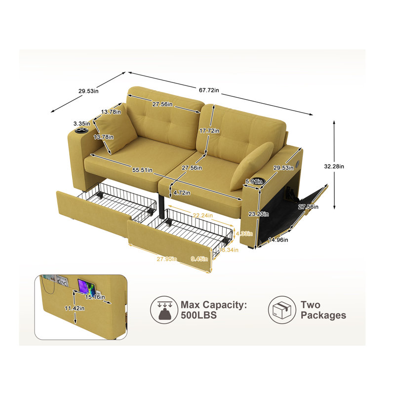 68'' Chenille Sofa With Multi-Functional Armrests, Yellow