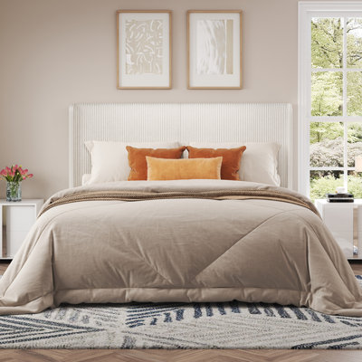 Doyle Queen Size White Corduroy Upholstered Wingback Headboard Platform Bed with Wooden Slats