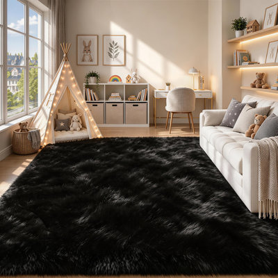Tapis moelleux noir moelleux lavable à poils longs, tapis moelleux et pelucheux pour le salon, la chambre de bébé et la salle de jeux