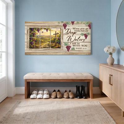 Fenêtre, vignoble, croix, et, raisins, toile, art mural, reproduction de peinture à l'huile, avec Esaïe 43, 2 Écritures pour la décoration intérieure