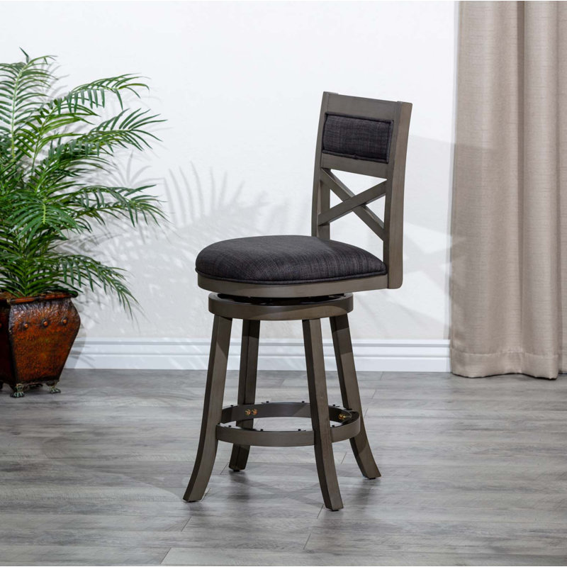 30" Bar Height X-Back Swivel Stool, Weathered Gray Finish Grey, Charcoal Fabric Seat