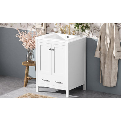 Meuble-lavabo de 24 pouces avec lavabo encastré intégré, deux portes, un tiroir, une étagère de porte à double couche, un design à fermeture en douceur et des instructions détaillées pour l'assemblage facile.