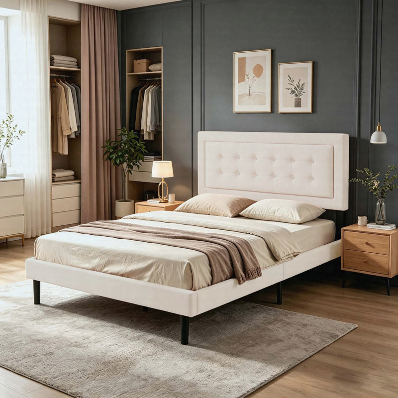 Grand lit plateforme tapissier en tissu, support de lattes en bois massif, facile à assembler, beige, Beige, Grand lit