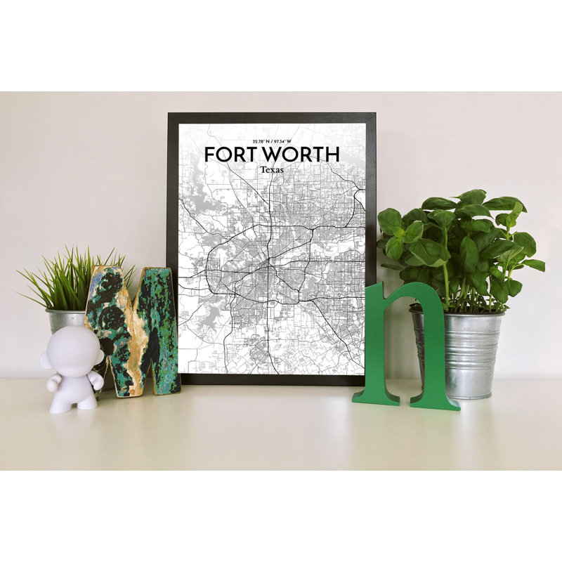 Fort Worth City Map - Unframed Graphic Art Print on Paper, 70cm H x 50cm W x 0.1cm D, Black/White