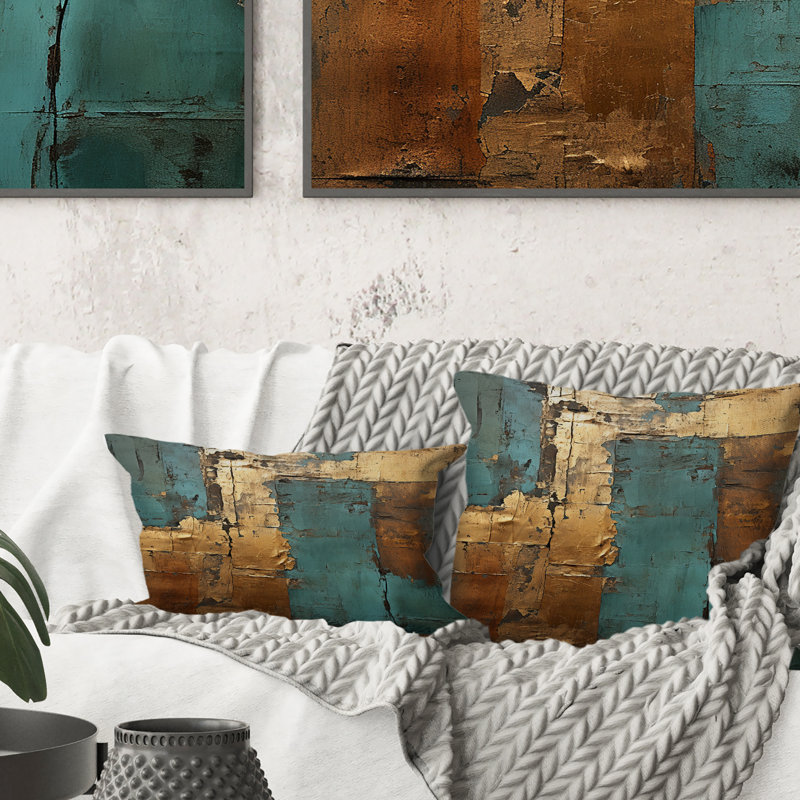 Coussin Kintsugi Retro Glam Vintage Gold On Turquoise II - Abstract, 16" x 16"