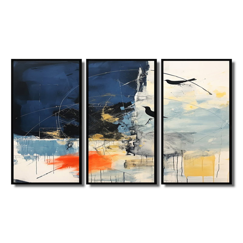 Deux oiseaux dans des tons de bleu - ensemble d'art mural abstrait paysage, Cadre flottant noir, H 40 po x l 60 po x P 1 po