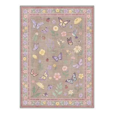 Adonis Vespera Floral Machine Washable Pink / Brown Indoor Area Rug with Non-Slip Backing
