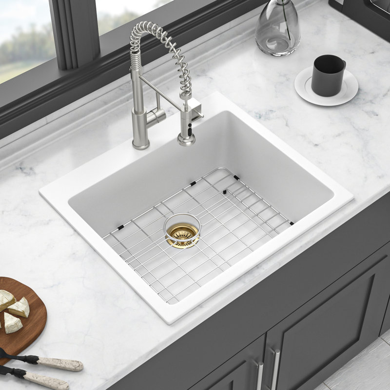 25X22" White Granite Quartz Drop - In Kitchen Sink, Low Noise And Long Lasting, Rounded Corners For Easy Cleaning, Package With Drain Strainers Sink 25X22", High End Composite Quartz, Reduces Dirt