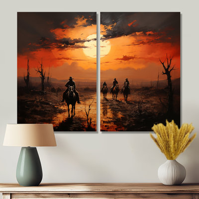 «Western Sunset Riders Pointillism Art I - Orange Southwestern Art, reproduction d'art sur toile