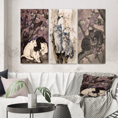 White Cats And Black Cat Sleeping Under Tree - Animals Cat Art Set Of 3 Pieces