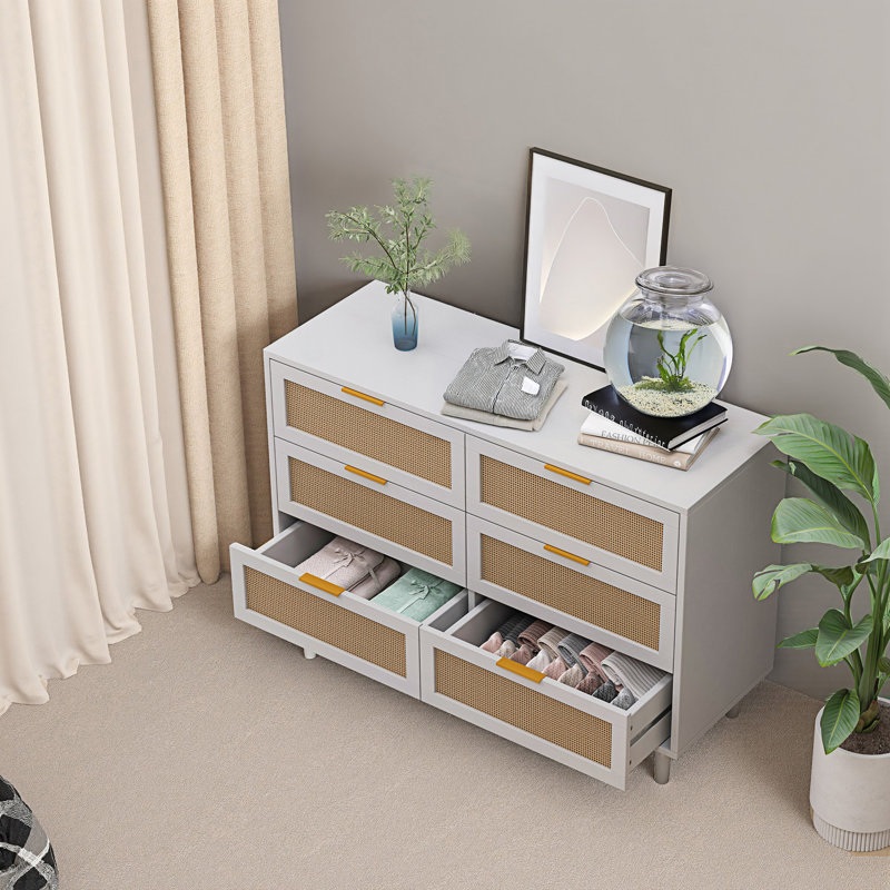 Armoire d'appoint, armoire de rangement en rotin à 6 tiroirs, H 29,72 po x l 51,18 po x P 15,75 po