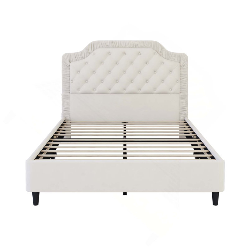 Lit rembourré avec tête de lit froncée et capitonnée, pas de sommier tapissier, velours, Lit double, Blanc