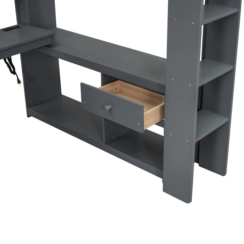 Lit de jeu en bois pleine grandeur avec bureau, rangement multiple, DEL et station de charge, gris foncé, loft robuste à charge, fiable