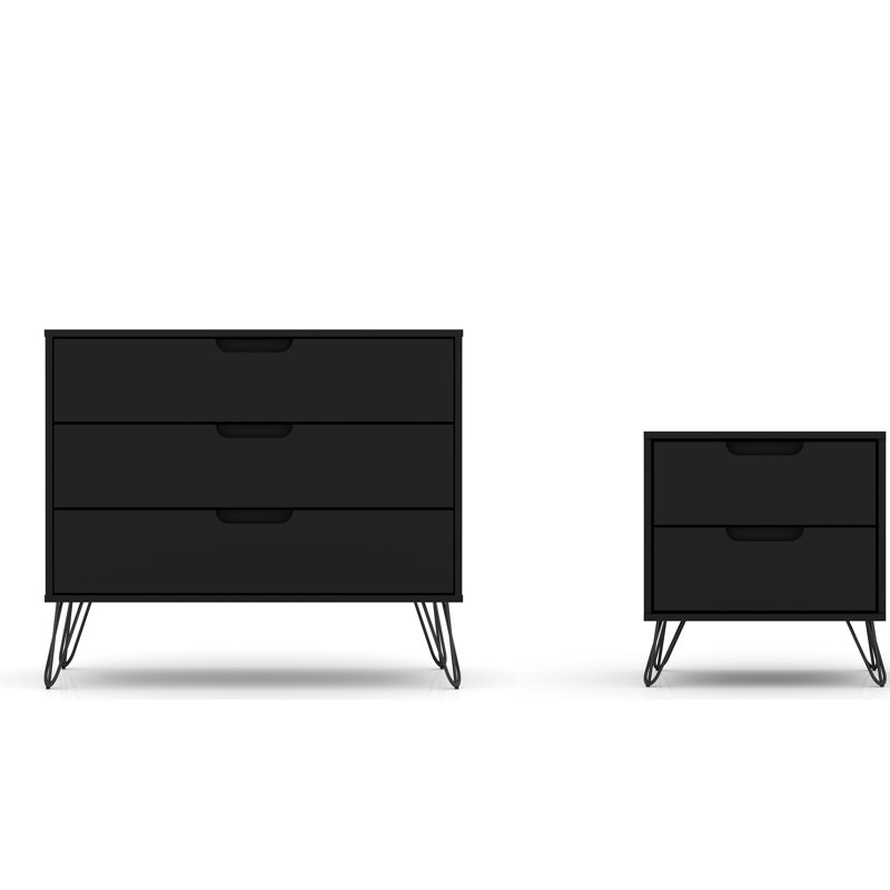 Ensemble de chambre à coucher 2 pièces avec commode et table de chevet moderne Rockefeller, Noir