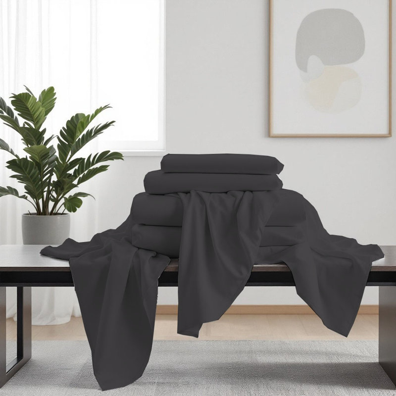 Ensemble de draps luxueux en microfibre de qualité supérieure, Ensemble de draps pour grand lit avec 4 taies d'or, Gris foncé