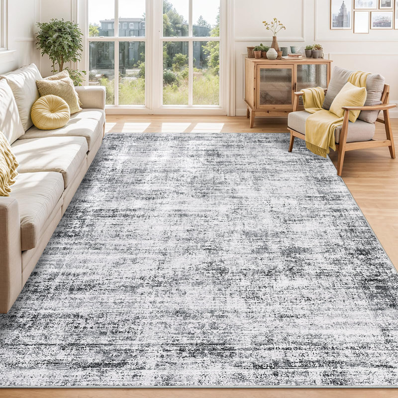 Washable Area Rug, Vintage Distressed Low Pile Non-Slip Foldable Retro Abstract Indoor Floor Carpet, Grey, 8'x10', Gray