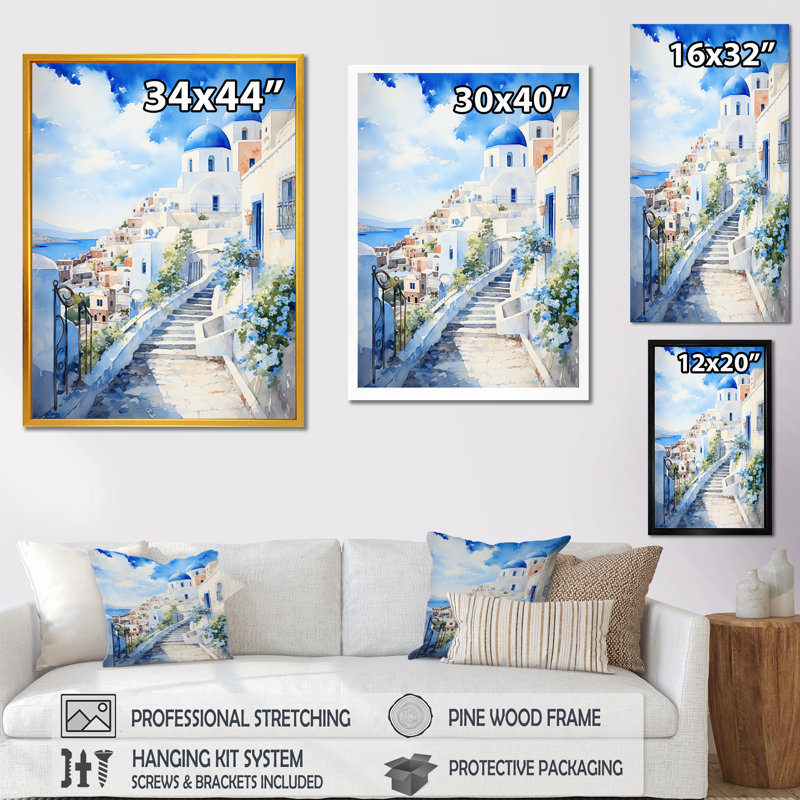 "Village côtier des îles grecques III", H 32 po x l 16 po x P 1 po, Cadre flottant blanc