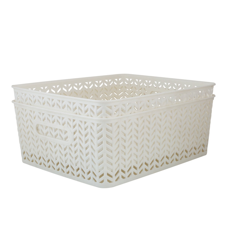 Medium White Polypropylene Herringbone Storage Baskets Set of 2