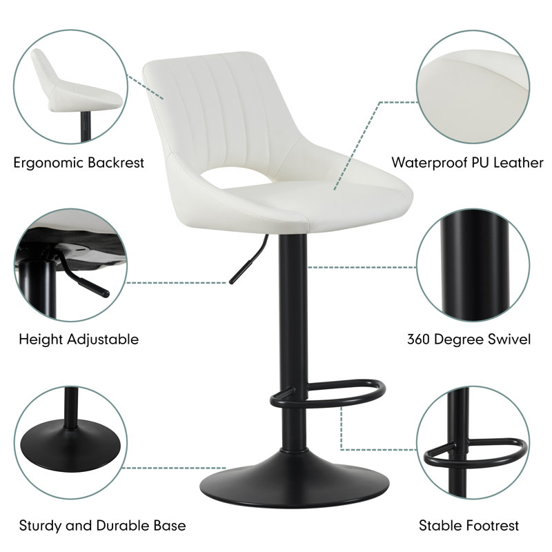 Swivel Upholstered Faux Leather Adjustable Height Bar Stool, Cream