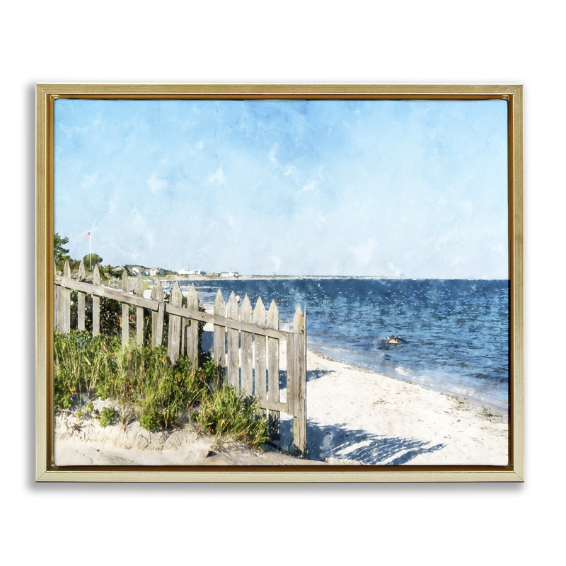 Cadre flottant Beach Pickets View, design par Kim Curationa, H 25 po x l 31 po, Cadre flottant métallique doré