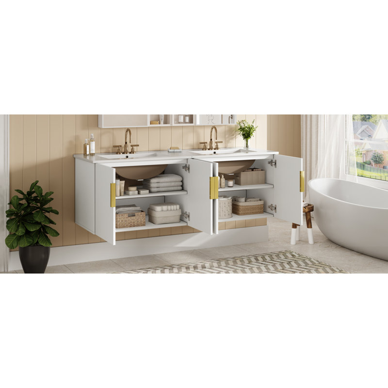 Meuble-lavabo moderne en bois massif avec lavabo en céramique pour une salle de bain élégante