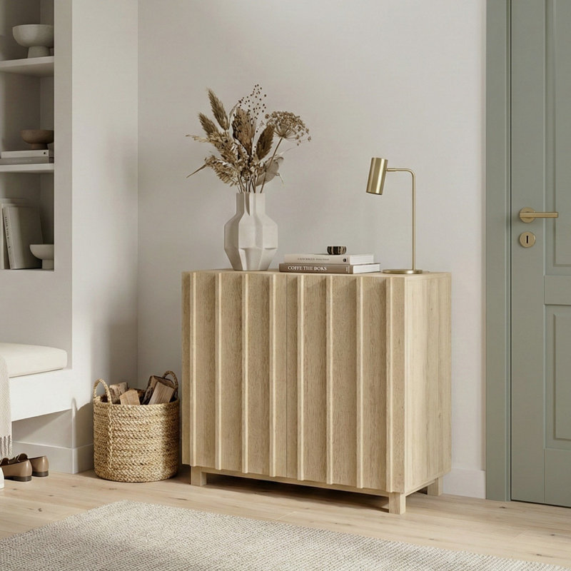 Araminta 32" 12-Pair Entryway Shoe Storage Cabinet with Fluted Front Doors, Oak