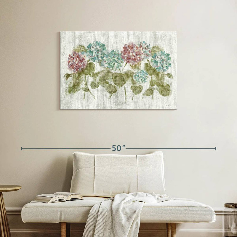 Harnek, rangée vibrante d'hortensias sur bois, H 24 po x l 36 po