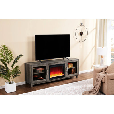 Meuble télé avec foyer et chauffage, finition noyer gris de 70 pouces de large, 11 réglages de température, 7 variations de couleur de flamme, minuterie, tablettes à tablettes