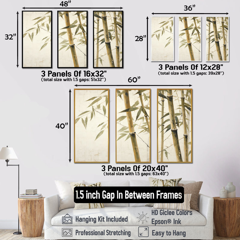 Beige minimalisme bambou sérénité II - ensemble d'art sur toile en bambou, H 40 po x l 60 po x P 1 po, Cadre flottant blanc