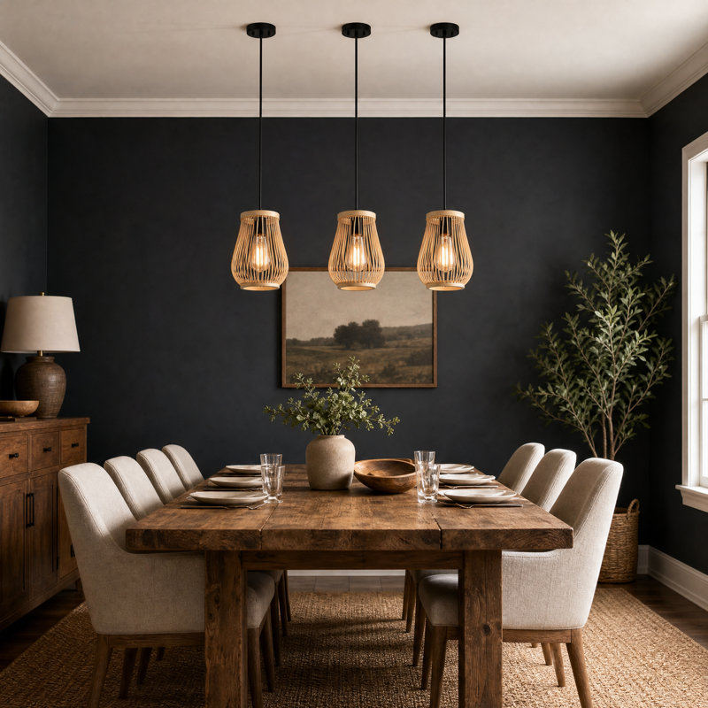 Luminaire suspendu 1 lumière noir mat avec abat-jour en rotin