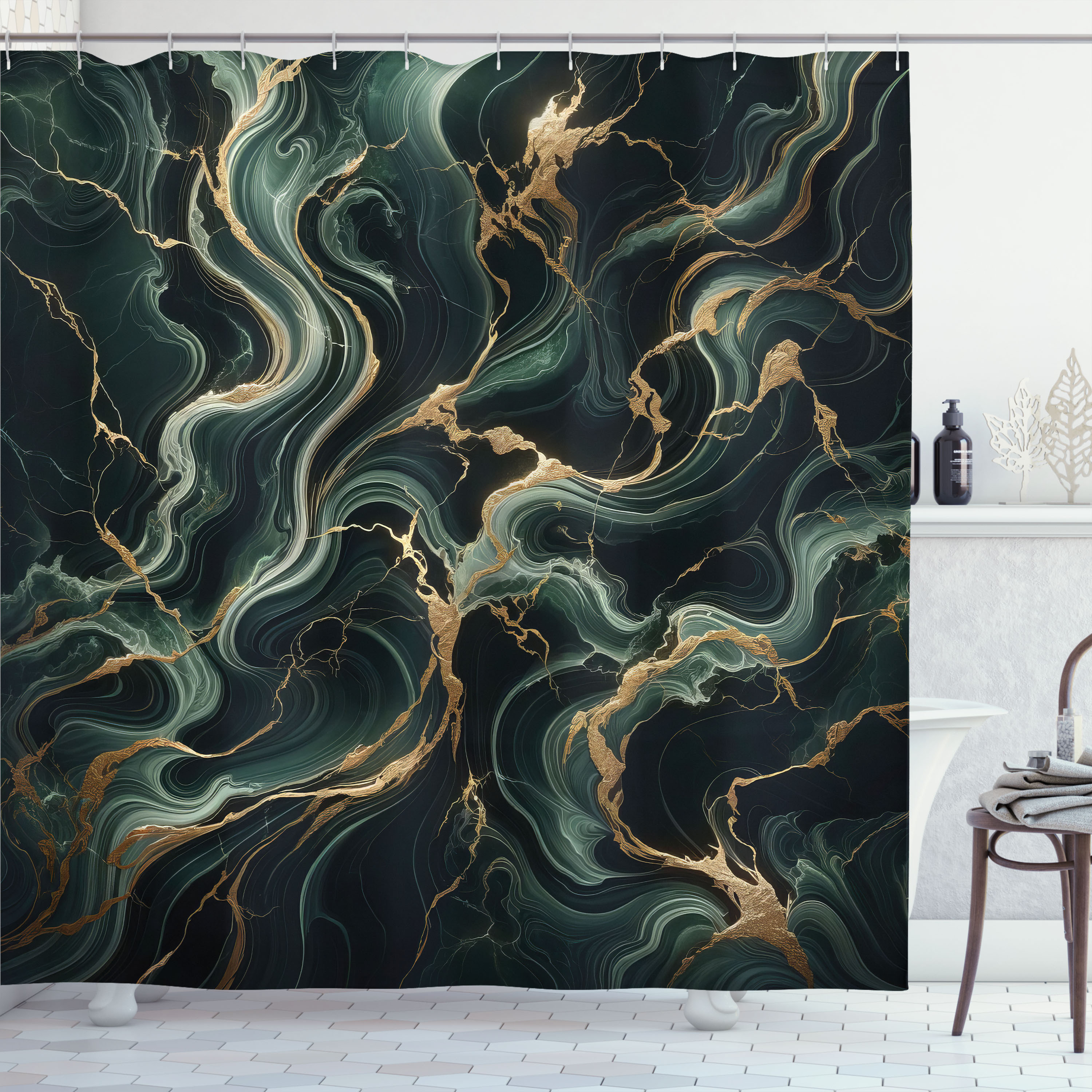 East Urban Home Dark Green Shower Curtain Deep Forest Marble Print in
