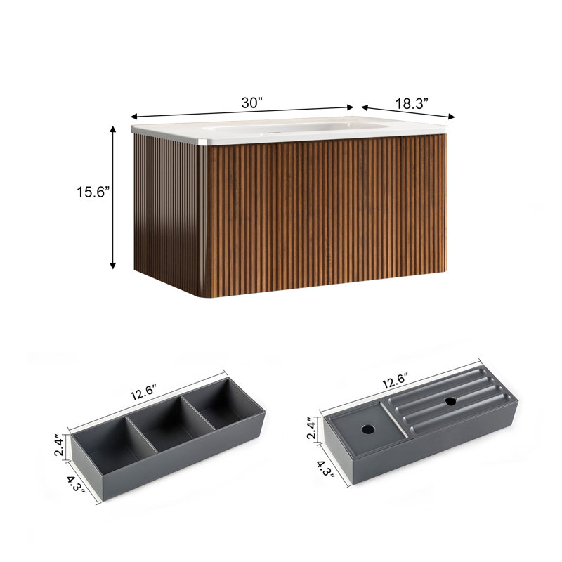 Meuble-lavabo mural simple 30 po avec lavabo en céramique, Noyer