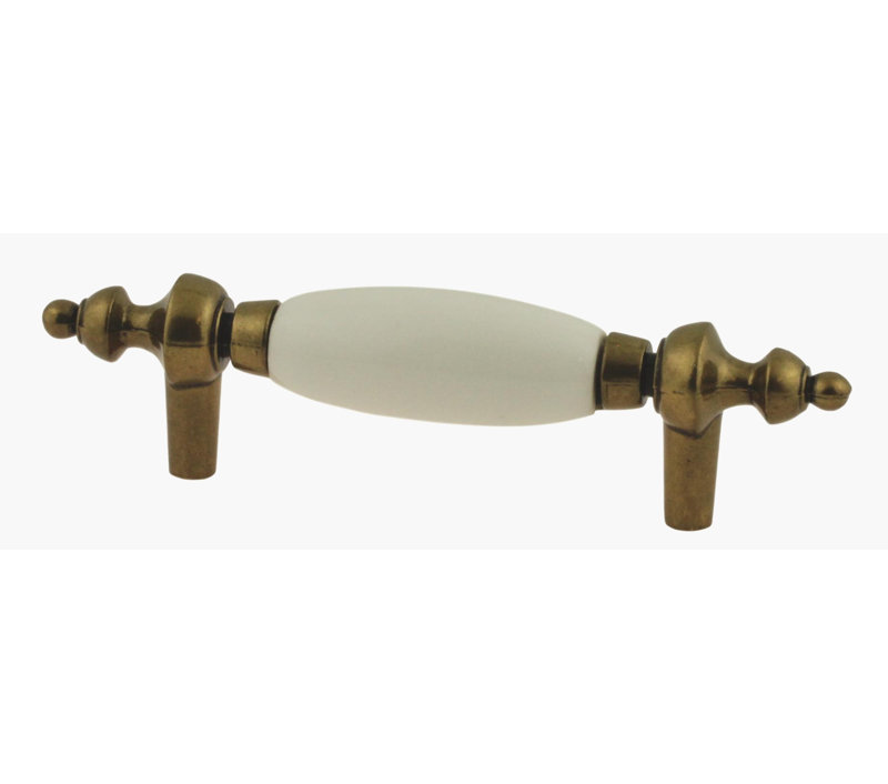 3" White Ceramic Insert Pull Antique Brass