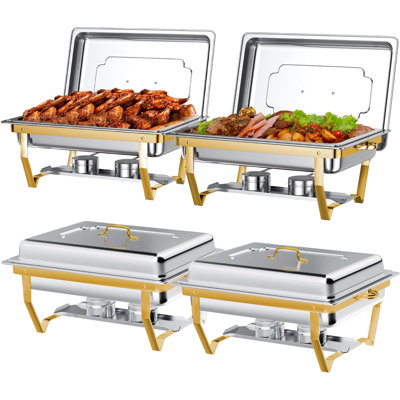 9QT Chafing Dish Buffet Set, Foldable Full Size Buffet Server Food Warmer, Stainless Steel Catering Supplies for Party, Banquet, Caterying, Rectangular, 4 Pack