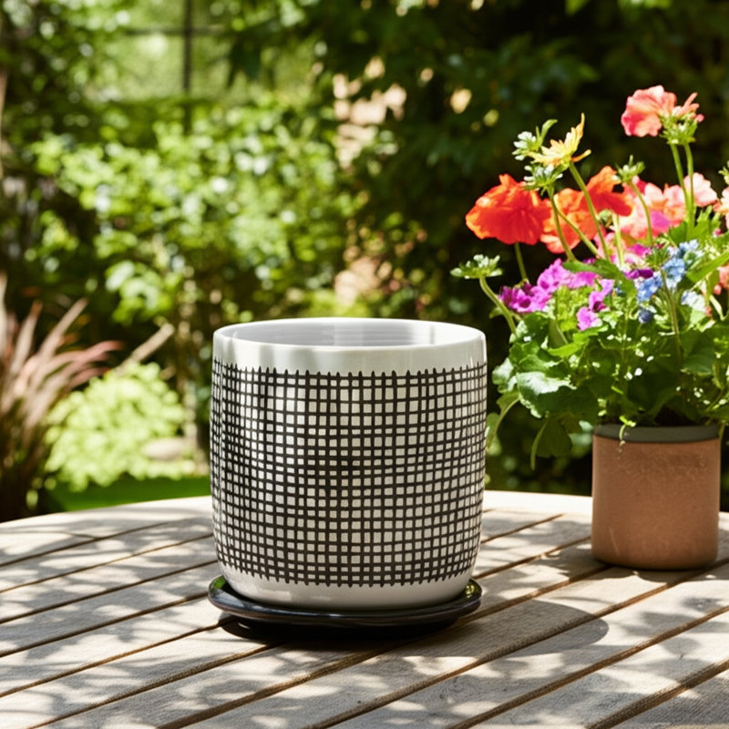 Decorative Outdoor Planter With Saucer for Home Decor - Mesh Design Indoor Planter for Living Room or Patio Flower Pots - Gray & White