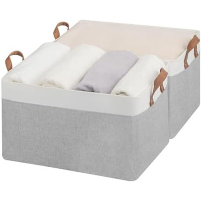 Bacs de rangement, bacs de rangement en tissu pour tablettes, très grands paniers de rangement avec cadre en métal, paniers de placard et bacs avec poignées, jumbo, gris et blanc, paquet de 2