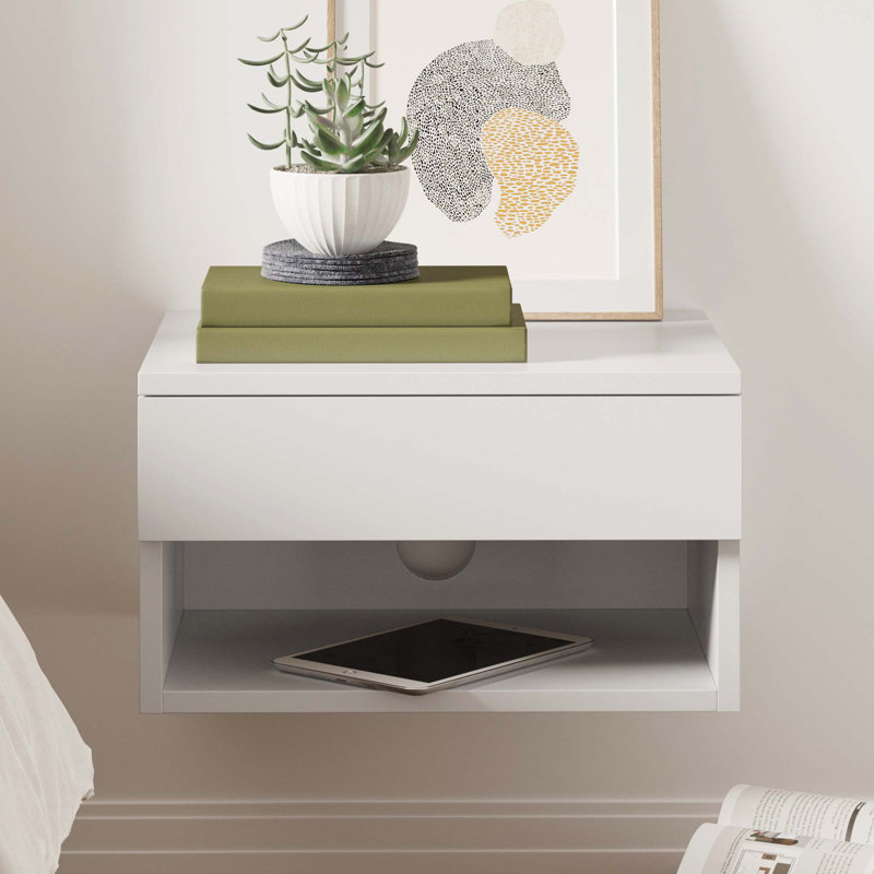 Modern Floating Bedroom Nightstand with Storage Drawer and Open Shelf Cubby, White